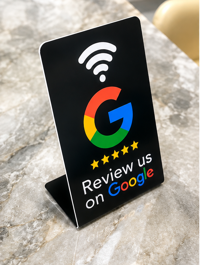 Czarna stojąca karta NFC na podstawce na blacie